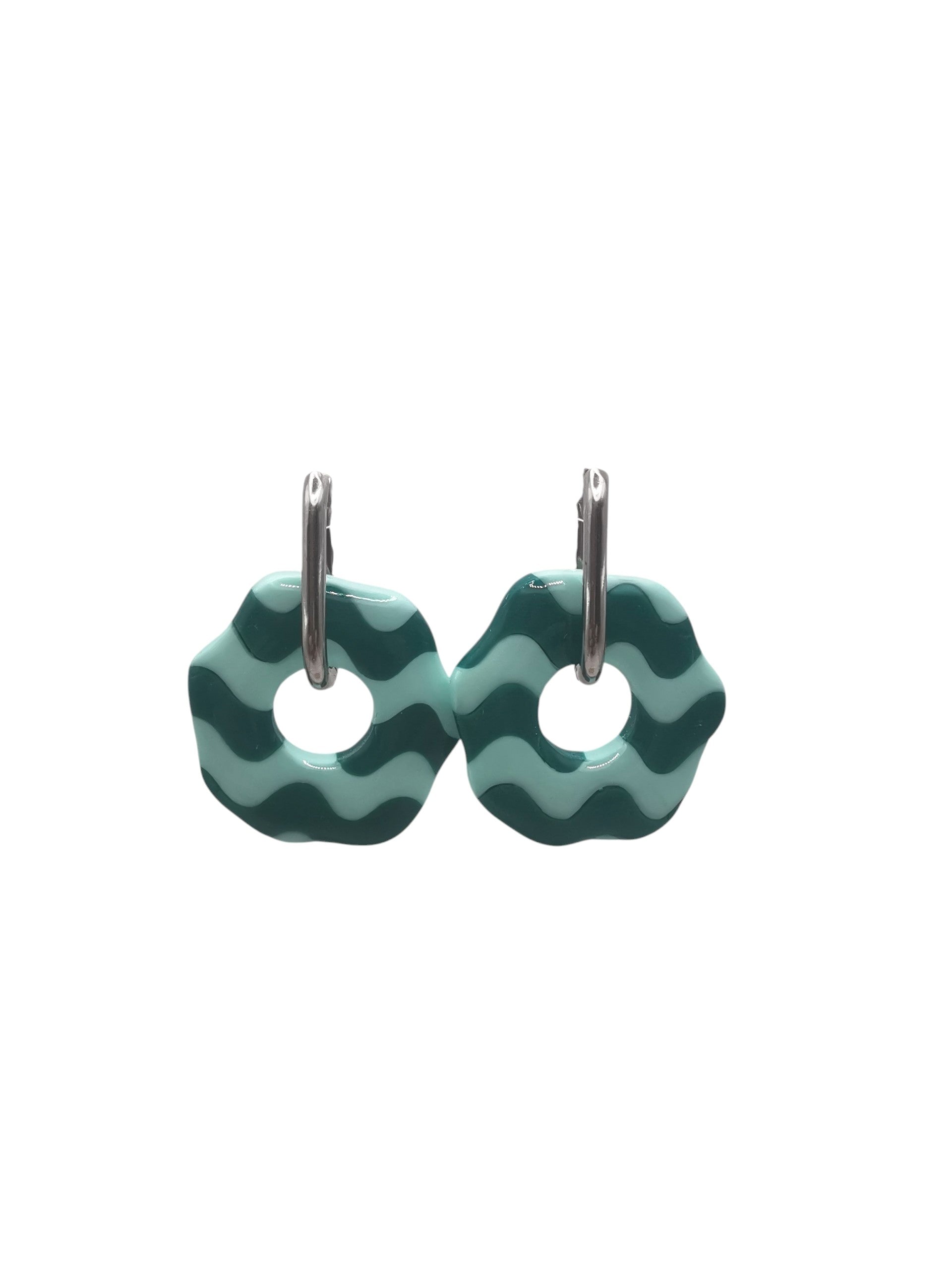 Boucles d'Oreilles Rondes "Wavy" vagues Émeraude/Vert menthe , Bijou Fait Main en France, Acier Inoxydable 304L