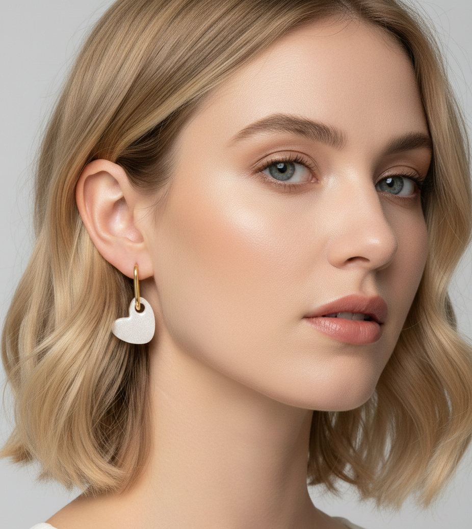 Boucle d'oreille porté coeur blanc cadeau st valentin