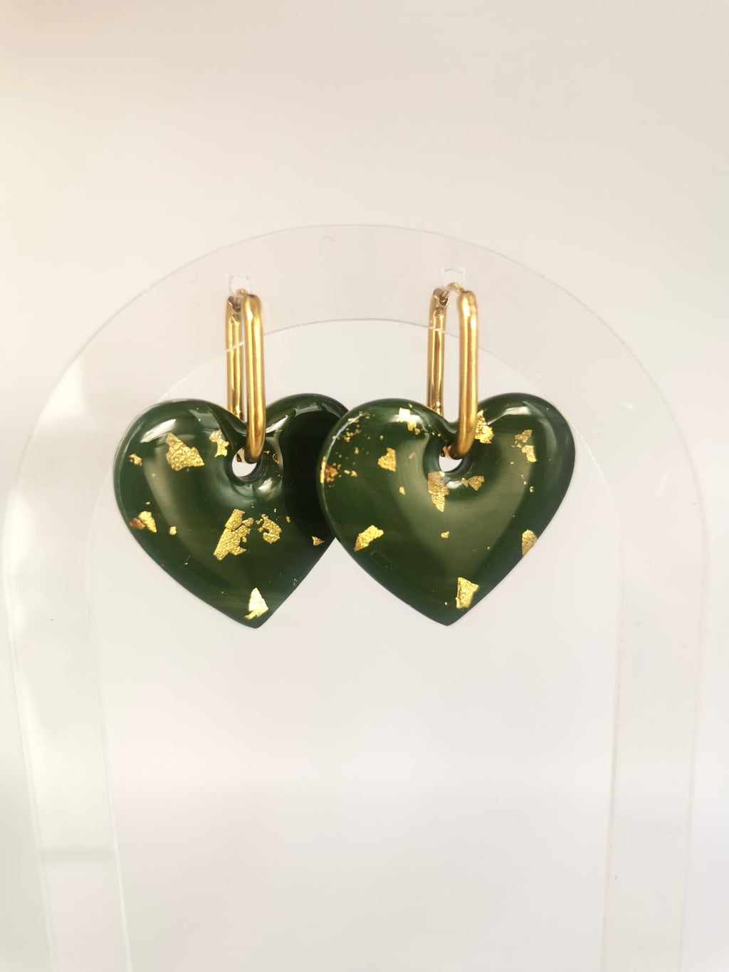 Boucle d'oreille coeur vert et feuille d'or