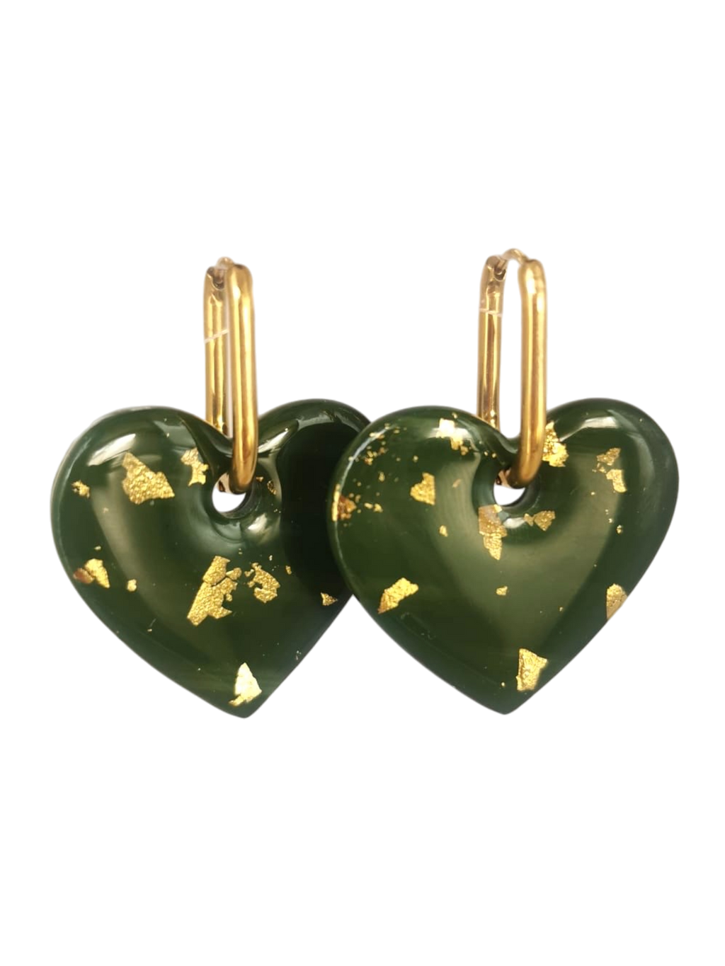 Boucle d'oreille coeur vert et feuille d'or