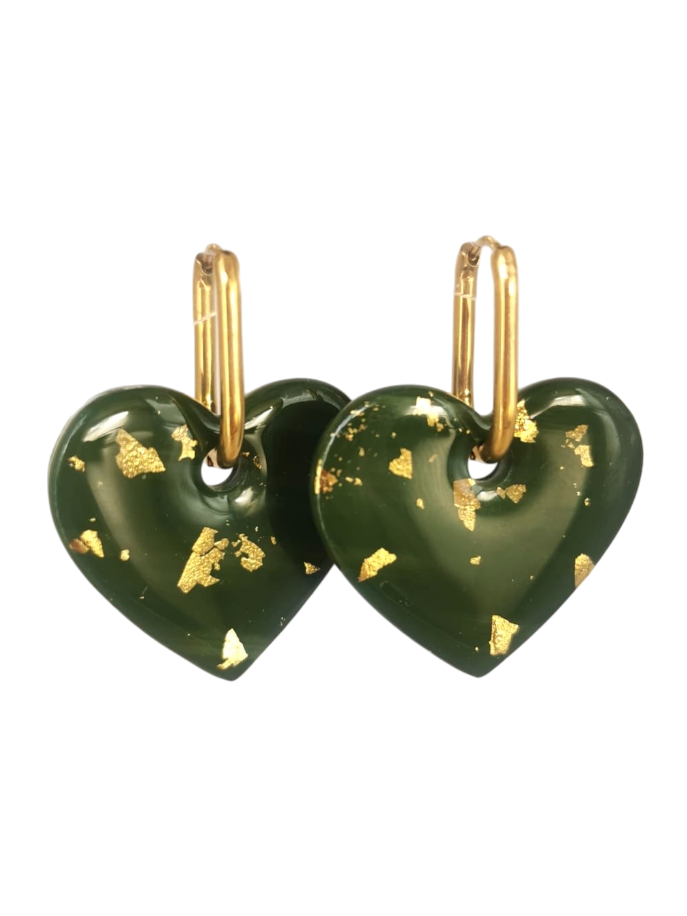 Boucle d'oreille coeur vert et feuille d'or