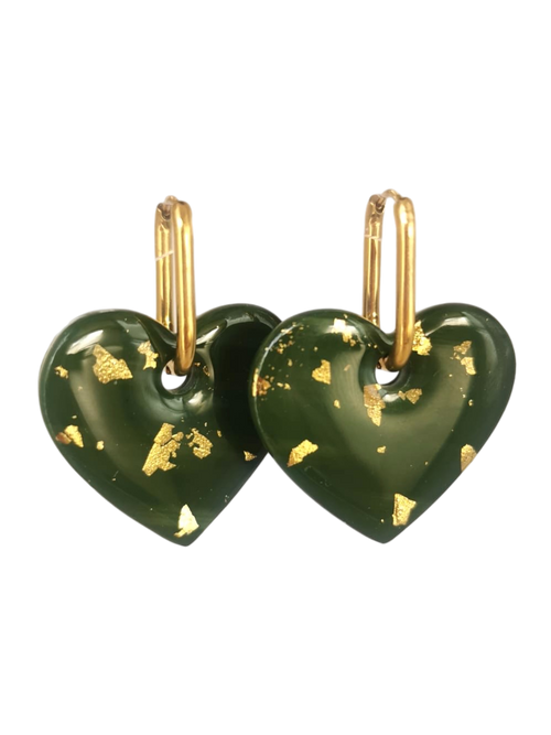 Boucle d'oreille coeur vert et feuille d'or
